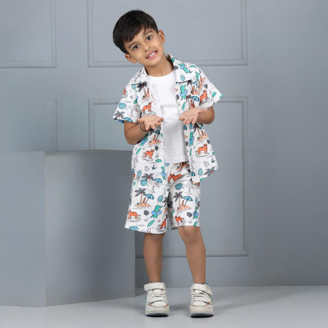 Aww Hunnie Kids’ Jungle-Print Shirt & Knit Sleeveless Tee with Shorts – Premium Viscose-Rayon Play Set