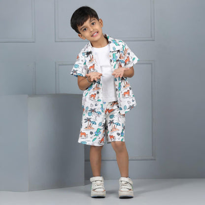 Aww Hunnie Kids’ Jungle-Print Shirt & Knit Sleeveless Tee with Shorts – Premium Viscose-Rayon Play Set