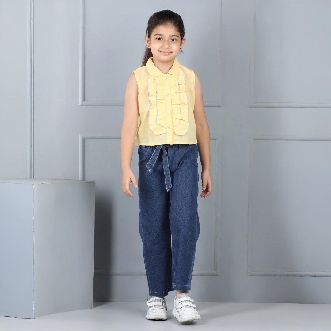 Aww Hunnie Girls’ Sleeveless Frill-Collar Cotton Shirt & Belted Denim Pants Set – Premium Kidswear
