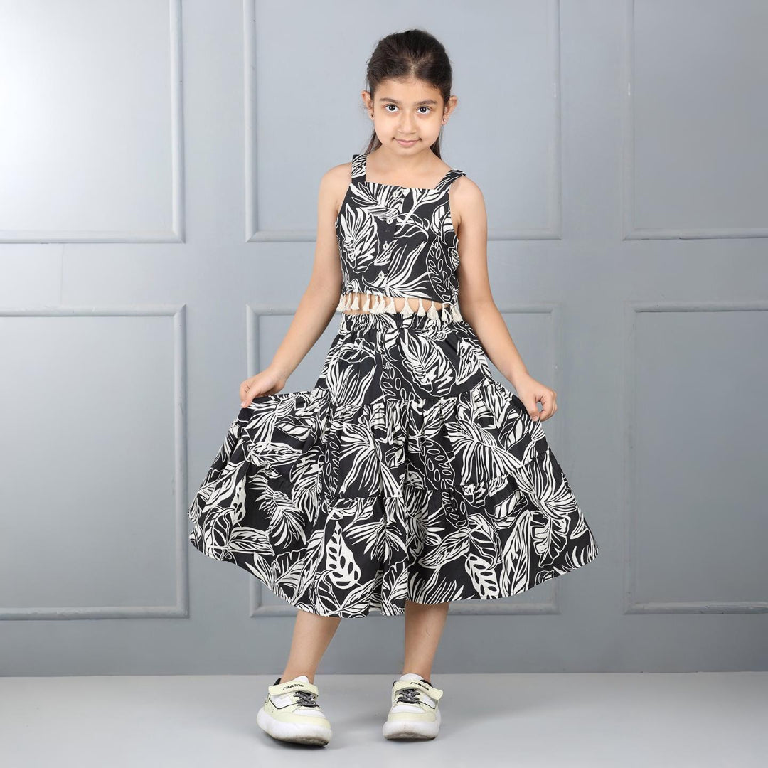 Aww Hunnie Premium Leaf-Print Top & Calf-Length Skirt Set – 100% Cotton Rayon