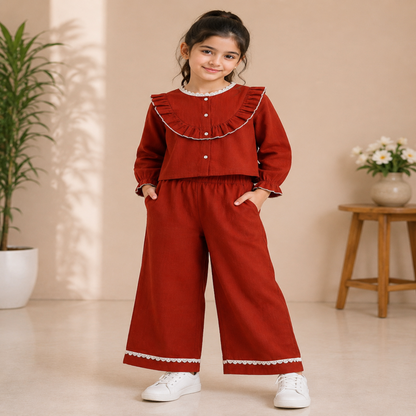 Cotton Slub Full Sleeves Front Button Top With 2 Front Pocket Bottom Co-ord set