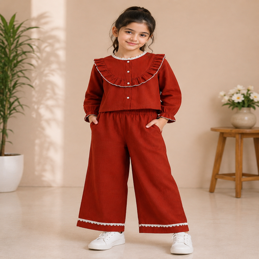 Cotton Slub Full Sleeves Front Button Top With 2 Front Pocket Bottom Co-ord set