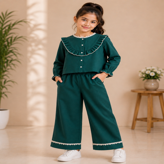 Cotton Slub Full Sleeves Front Button Top With 2 Front Pocket Bottom Co-ord set