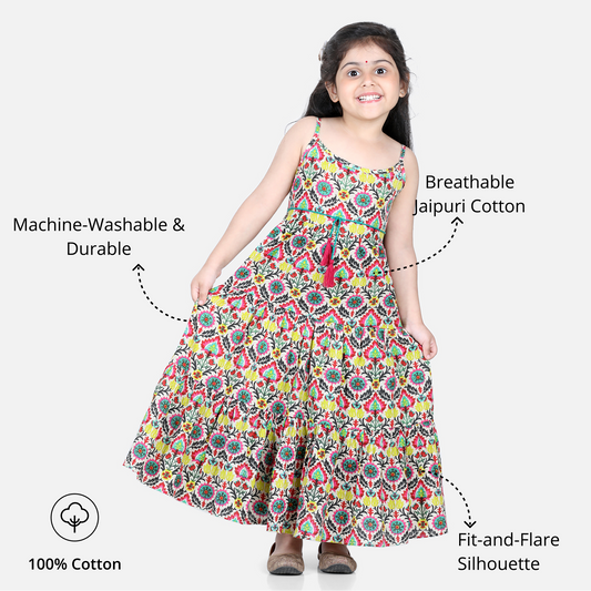 Aww Hunnie Girls’ Jaipuri Print 100% Cotton Ethnic Fit-&-Flare Dress – Festive Green & Pink (2–10 yrs)
