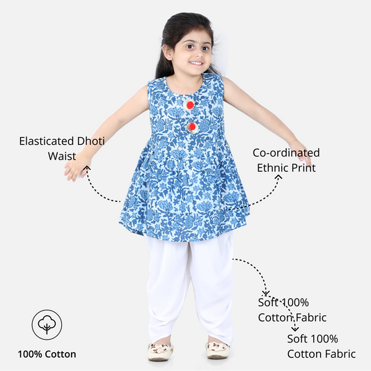 Aww Hunnie Jaipuri Print Cotton Floral Kurti & Dhoti Set for Girls