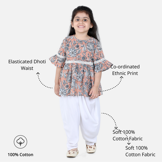 Aww Hunnie Jaipuri Print Cotton Floral Kurti & Dhoti Set for Girls