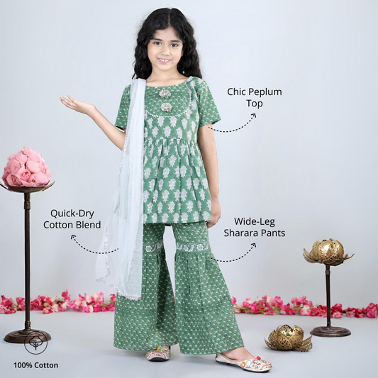 Aww Hunnie Girls Green Jaipuri Cotton Peplum Top & Sharara Set – Premium Festive Wear