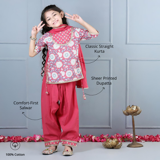 Aww Hunnie Girls Peach Jaipuri Cotton Kurta Salwar Set – Premium Festive Ensemble
