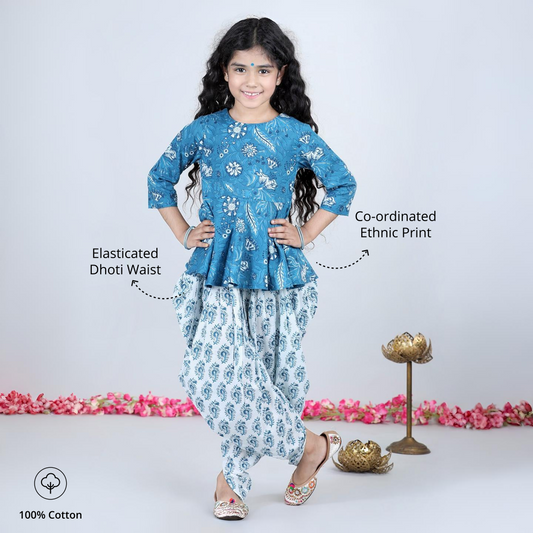 Aww Hunnie Girls Blue Jaipuri Cotton Peplum Top & Dhoti Set – Premium Festive Wear