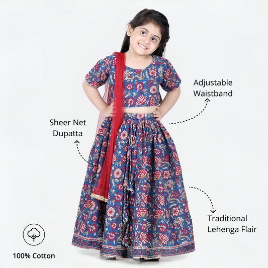 Aww Hunnie Girls Blue Jaipuri Cotton Lehenga Choli with Net Dupatta – Premium Festive Wear