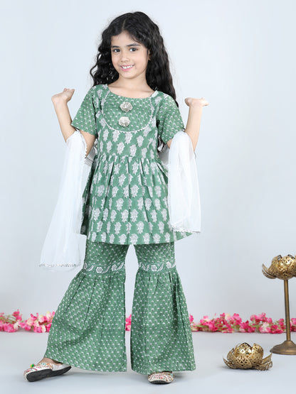 Aww Hunnie Girls Green Jaipuri Cotton Peplum Top & Sharara Set – Premium Festive Wear