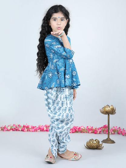 Aww Hunnie Girls Blue Jaipuri Cotton Peplum Top & Dhoti Set – Premium Festive Wear