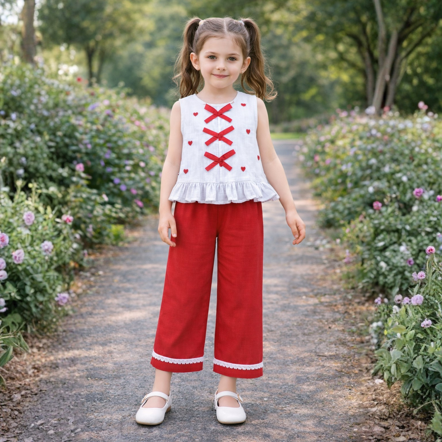 Cotton Sleeveless Heart Embroidery Design Top With Bottom Co Ords Set