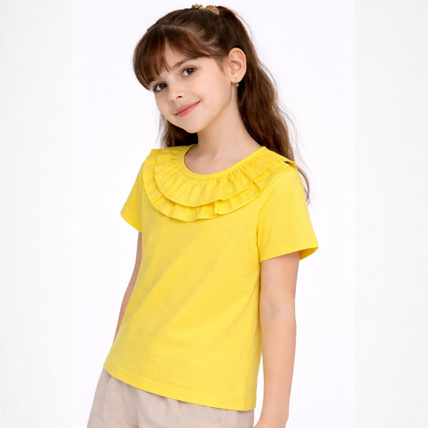 100% Cotton Jersey Short Sleeves Frill Collar Top