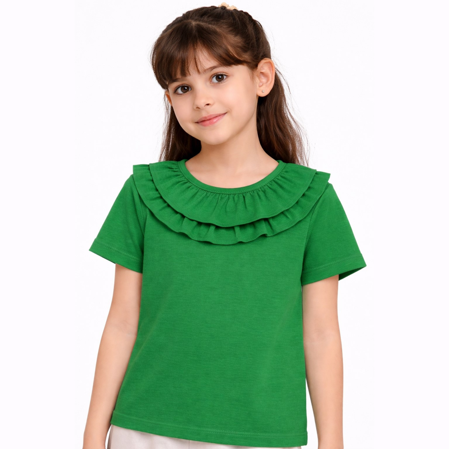 100% Cotton Jersey Short Sleeves Frill Collar Top