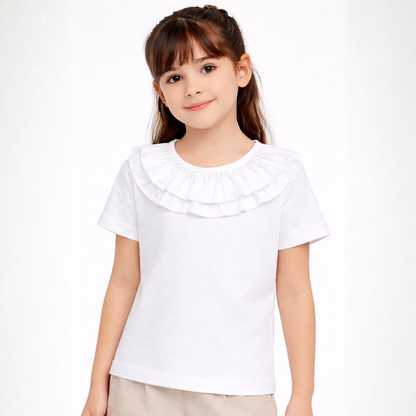 100% Cotton Jersey Short Sleeves Frill Collar Top