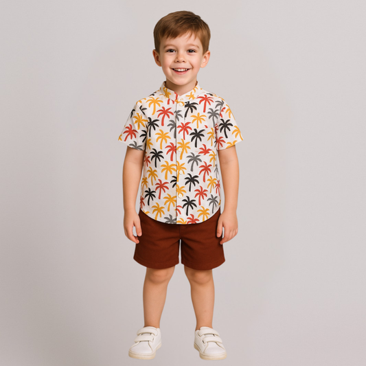 Palm‑Tree Print Cotton Shirt & Shorts Set for Boys | Aww Hunnie