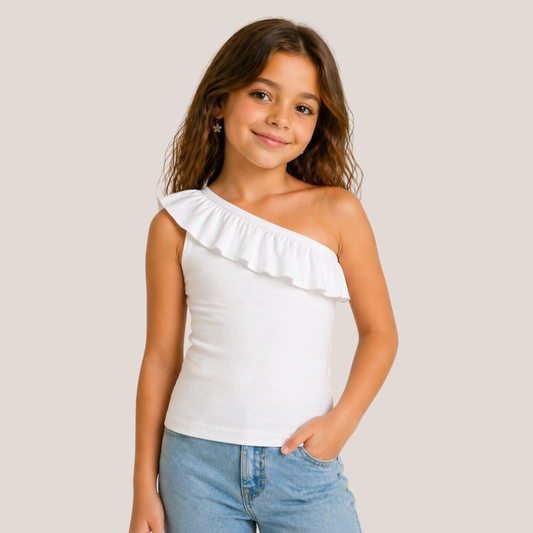 100% Cotton Jersey One Shoulder Frill Collar Top