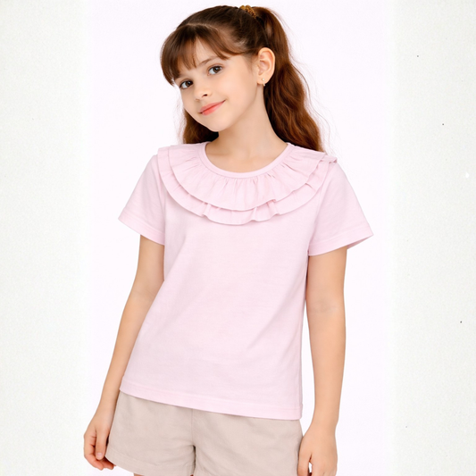 100% Cotton Jersey Short Sleeves Frill Collar Top