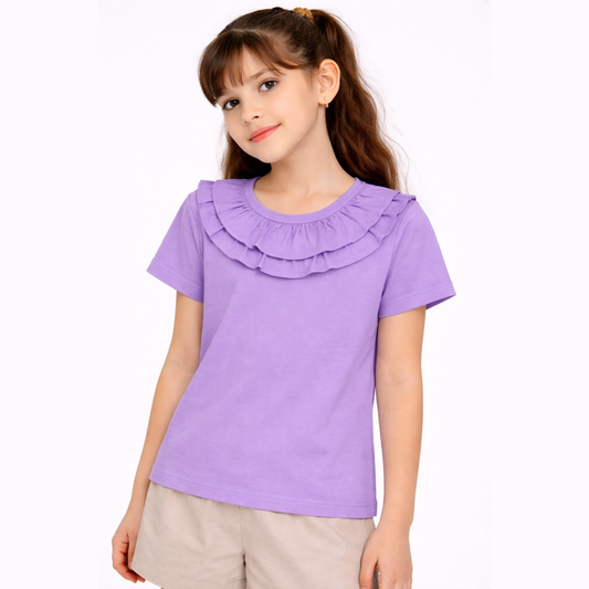 100% Cotton Jersey Short Sleeves Frill Collar Top