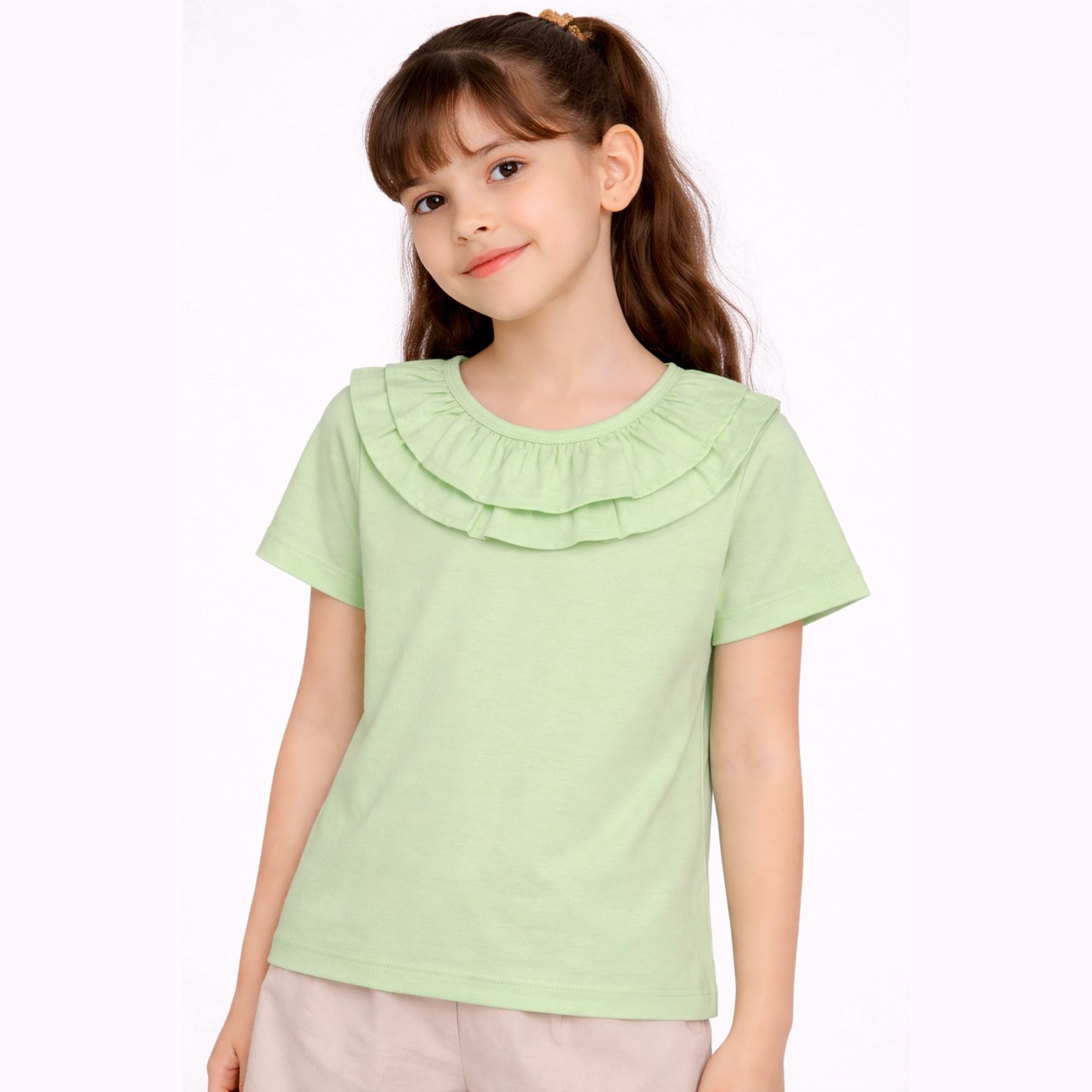 100% Cotton Jersey Short Sleeves Frill Collar Top