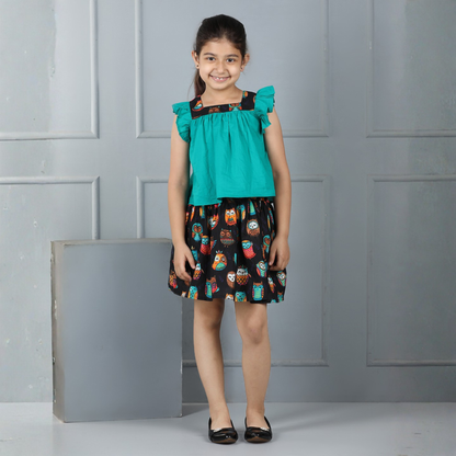 Girls Cotton Top with Owl Print Skirt – Trendy Green Ensemble - Pure, Chemical-Free Kidswear