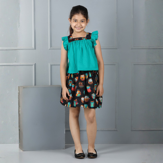 Girls Cotton Top with Owl Print Skirt – Trendy Green Ensemble - Pure, Chemical-Free Kidswear