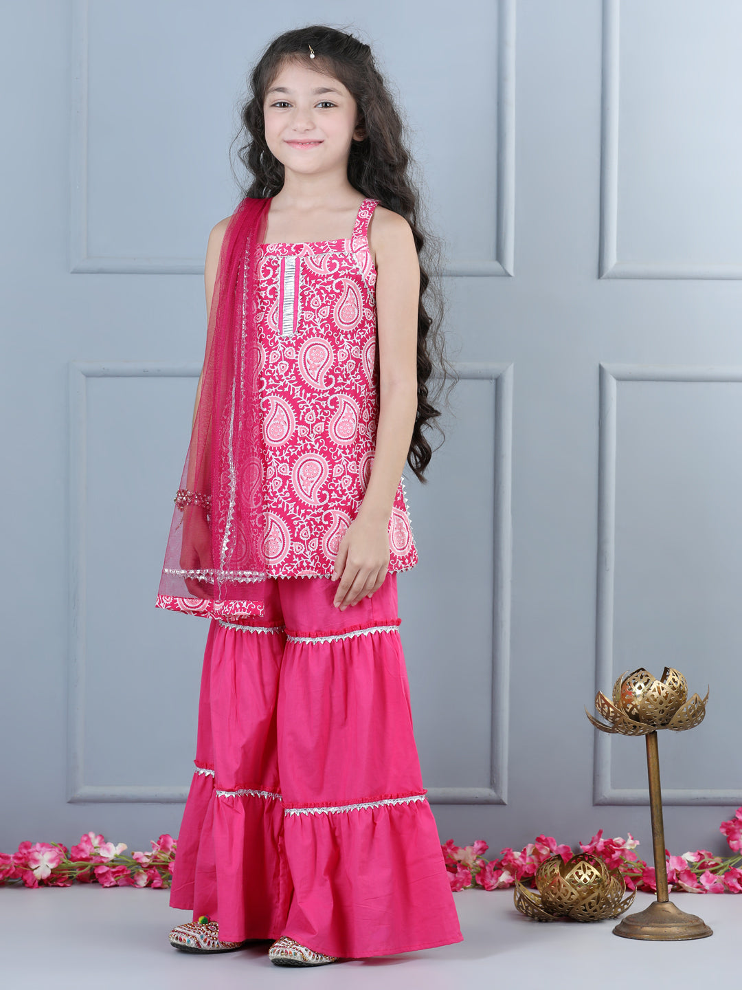 Aww Hunnie Girls Jaipur Cotton Print Sleeveless Kurta & Sharara Set – Pink Festive Elegance