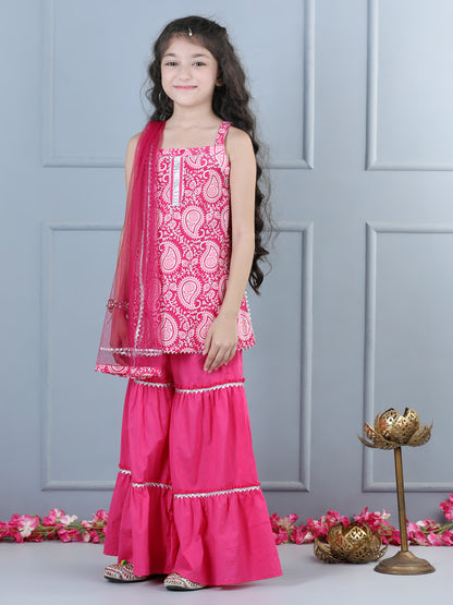 Aww Hunnie Girls Jaipur Cotton Print Sleeveless Kurta & Sharara Set – Pink Festive Elegance