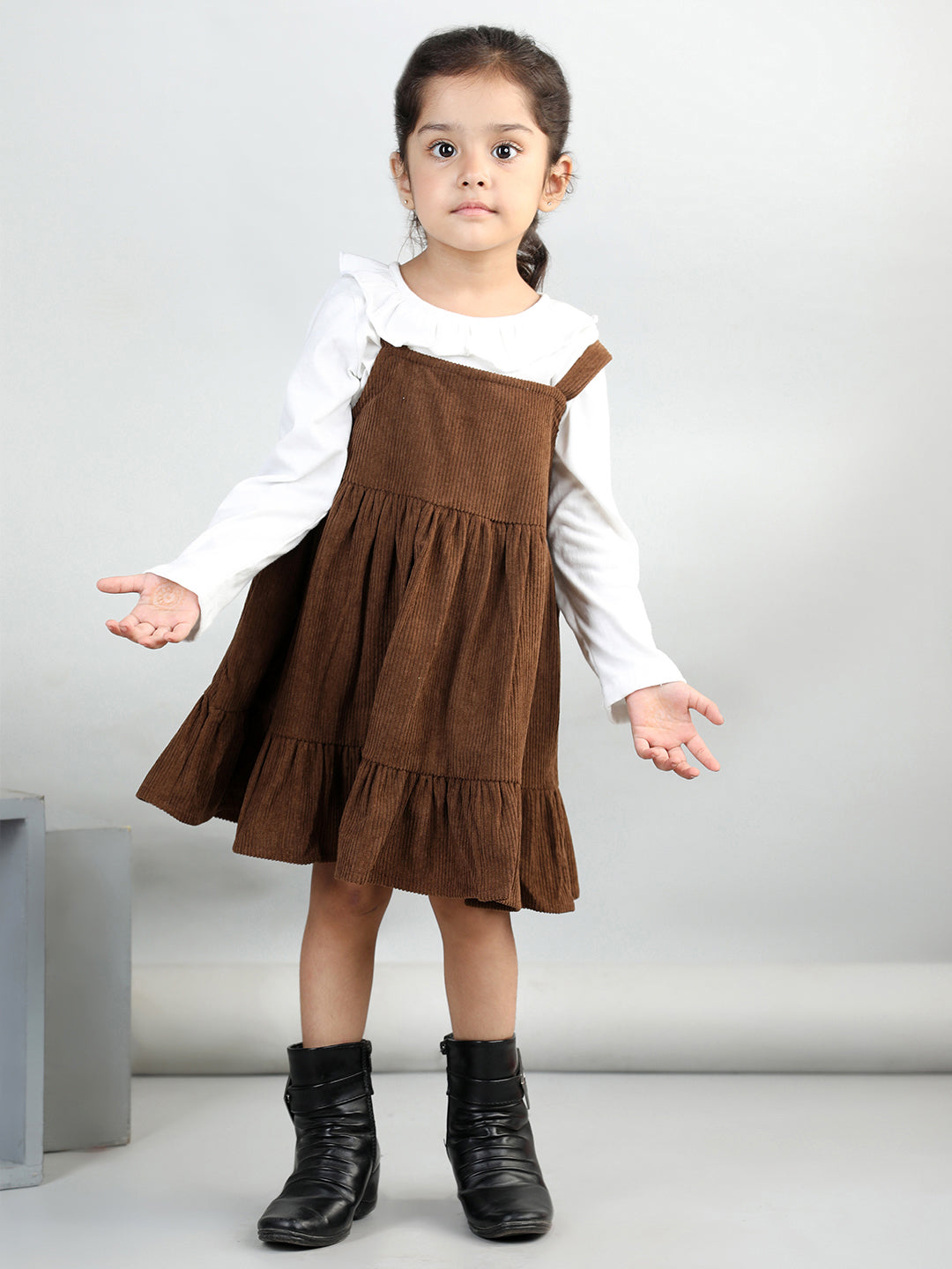 Corduroy Solid Dress With Full Sleeves Top