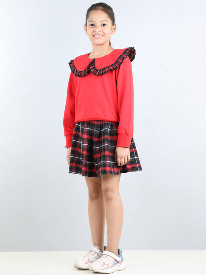 Full Sleeves Frill Detailed Tartan Checked Autumn Winter Wear Peter Pan Collared Sweatshirt & Woollen Skirt