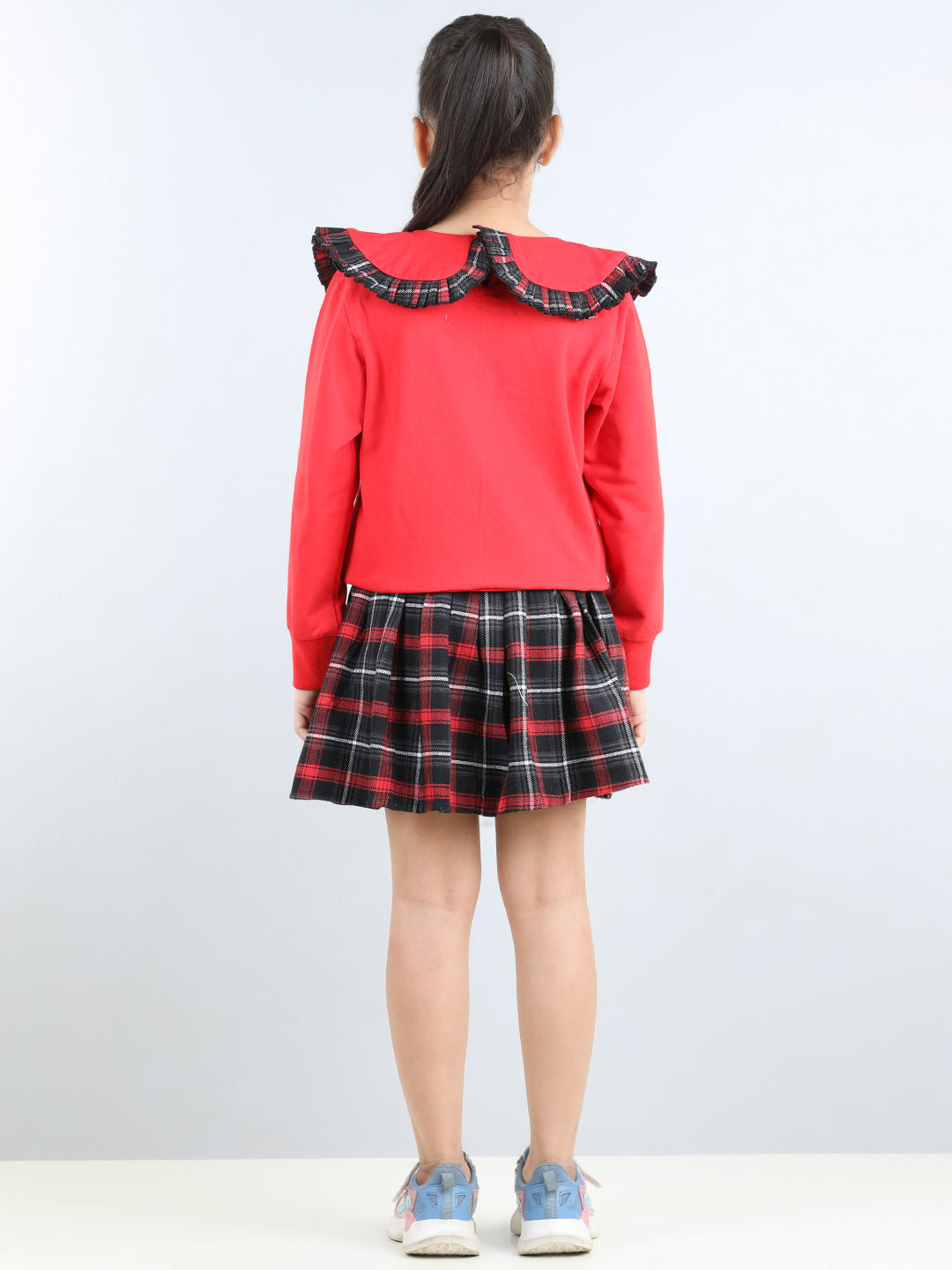 Full Sleeves Frill Detailed Tartan Checked Autumn Winter Wear Peter Pan Collared Sweatshirt & Woollen Skirt