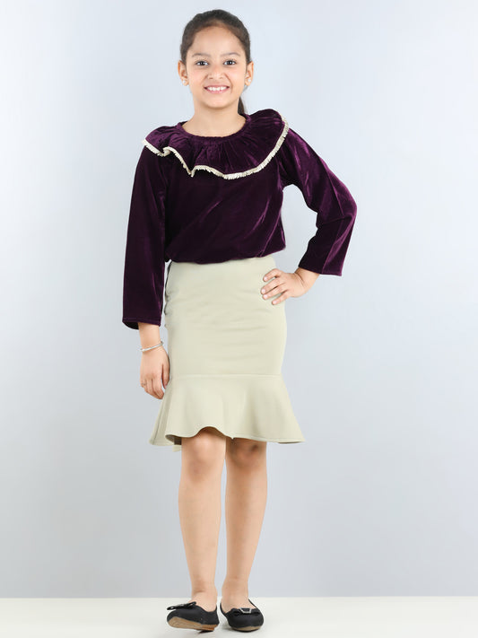 Full Sleeves Frill Detailed Party Wear Velvet Top With Flounce Bottom Designed Pencil Skirt