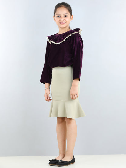 Full Sleeves Frill Detailed Party Wear Velvet Top With Flounce Bottom Designed Pencil Skirt