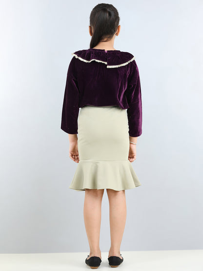 Full Sleeves Frill Detailed Party Wear Velvet Top With Flounce Bottom Designed Pencil Skirt