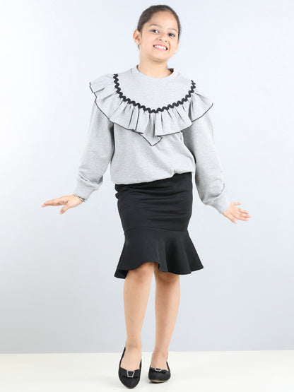 Full Sleeves Frill Detailed & Lace Embellished Sweatshirt With Flounce Bottom Designed Pencil Skirt - Grey
