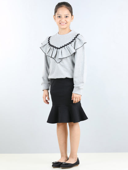 Full Sleeves Frill Detailed & Lace Embellished Sweatshirt With Flounce Bottom Designed Pencil Skirt - Grey