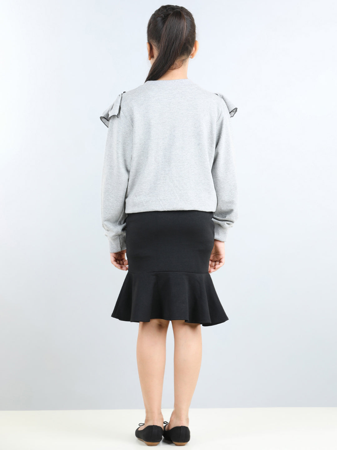 Full Sleeves Frill Detailed & Lace Embellished Sweatshirt With Flounce Bottom Designed Pencil Skirt - Grey