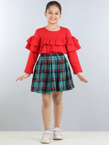 Full Sleeves Layered Frill Detailed Top With Tartan Checked Pleated Woollen Skirt - Red