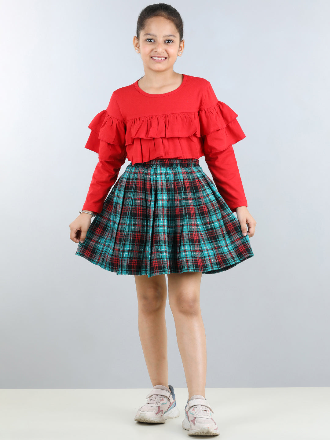 Full Sleeves Layered Frill Detailed Top With Tartan Checked Pleated Woollen Skirt - Red