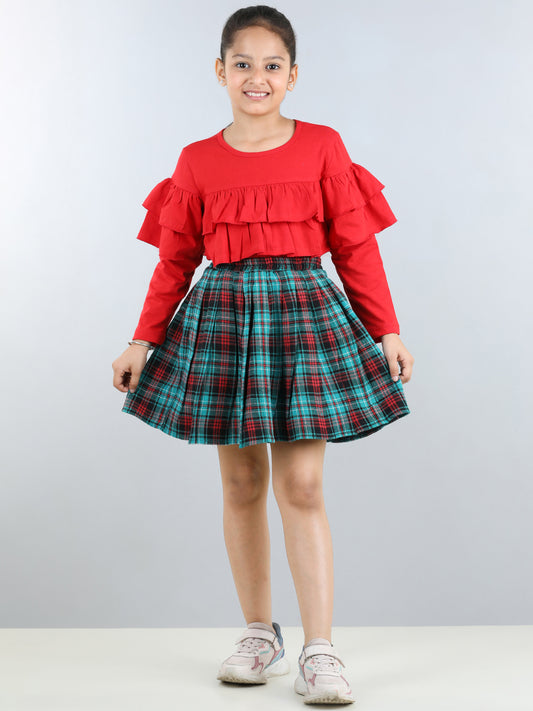Full Sleeves Layered Frill Detailed Top With Tartan Checked Pleated Woollen Skirt - Red