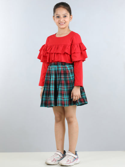 Full Sleeves Layered Frill Detailed Top With Tartan Checked Pleated Woollen Skirt - Red
