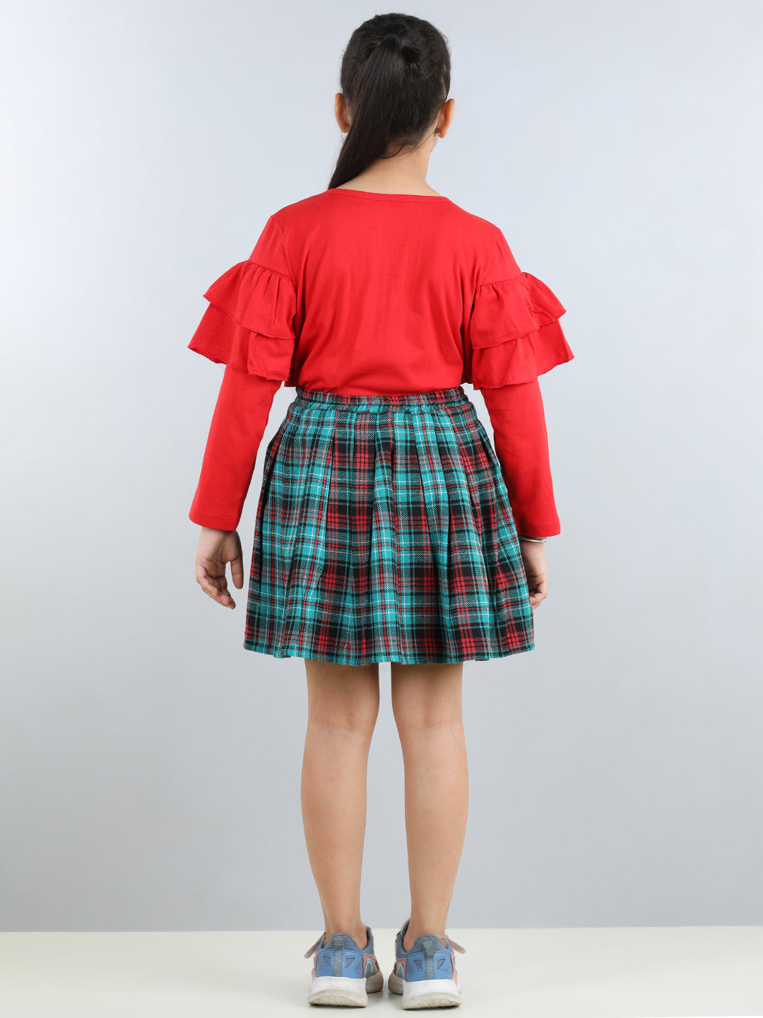 Full Sleeves Layered Frill Detailed Top With Tartan Checked Pleated Woollen Skirt - Red
