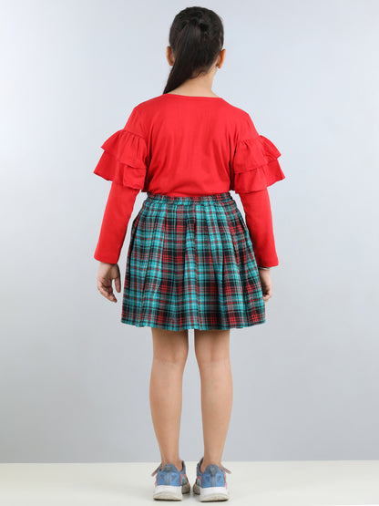 Full Sleeves Layered Frill Detailed Top With Tartan Checked Pleated Woollen Skirt - Red