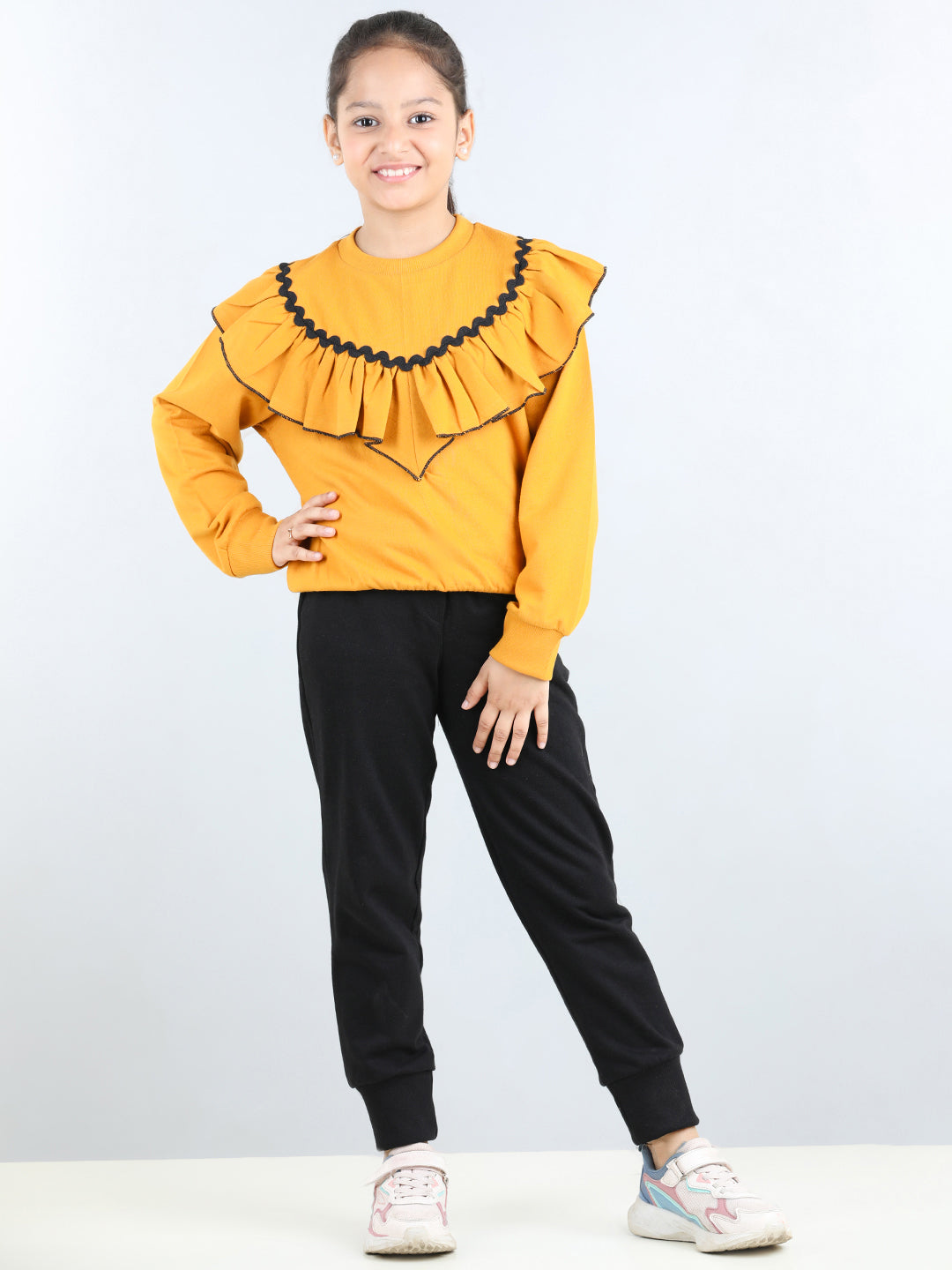 Full Sleeves Frill Detailed & Lace Embellished Autumn Winter Wear Sweatshirt With Side Pockets Lower