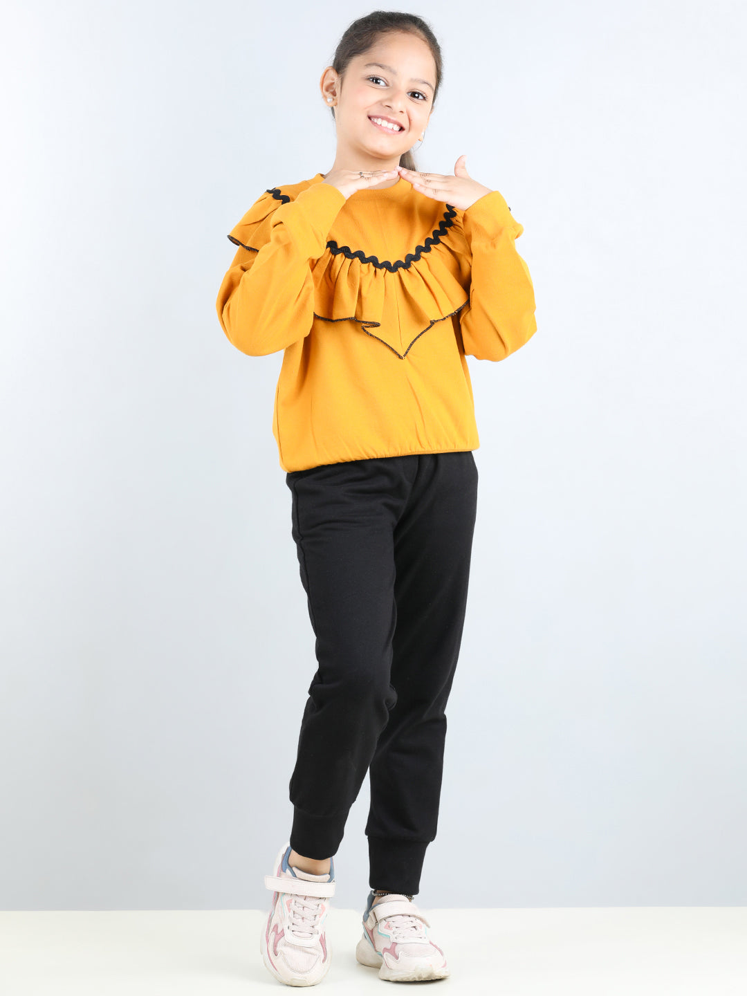 Full Sleeves Frill Detailed & Lace Embellished Autumn Winter Wear Sweatshirt With Side Pockets Lower
