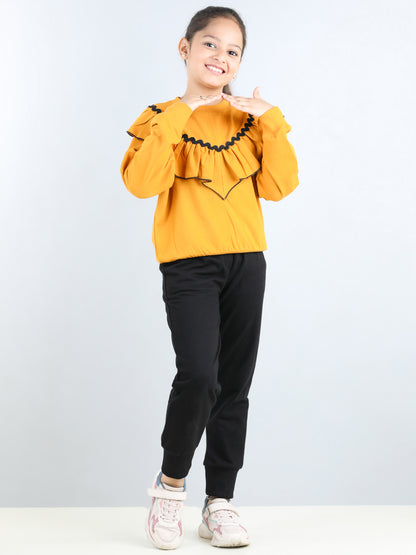 Full Sleeves Frill Detailed & Lace Embellished Autumn Winter Wear Sweatshirt With Side Pockets Lower