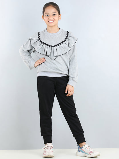Full Sleeves Frill Detailed & Lace Embellished Autumn Winter Wear Sweatshirt With Side Pockets Lower