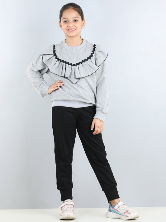 Full Sleeves Frill Detailed & Lace Embellished Autumn Winter Wear Sweatshirt With Side Pockets Lower