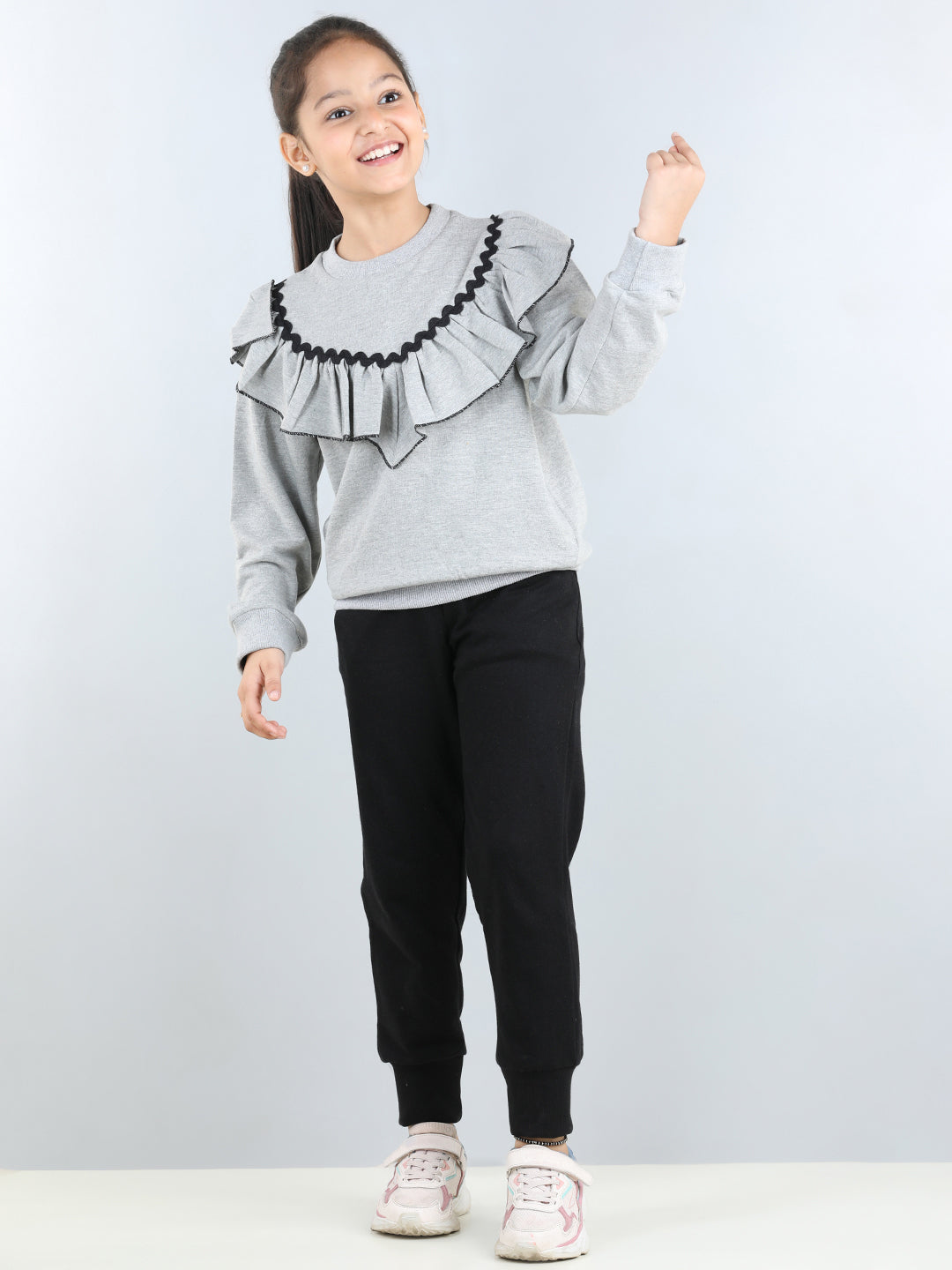 Full Sleeves Frill Detailed & Lace Embellished Autumn Winter Wear Sweatshirt With Side Pockets Lower